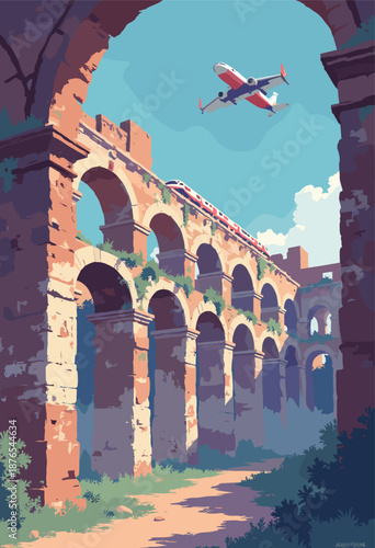 futuristic Rome where ancient stone aqueducts support sleek hyperloop train tubes Colosseum glows holographic interfaces Flying chariots Flat