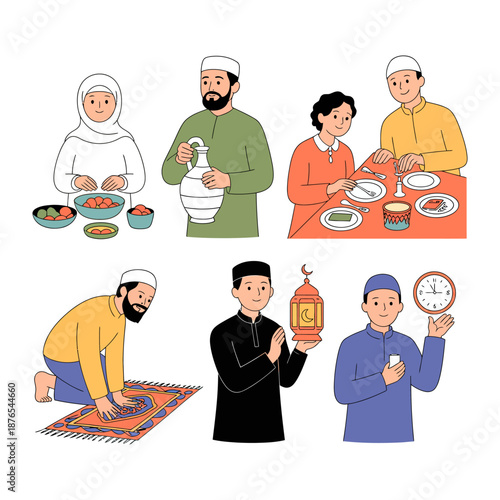 Ramadan in Family: An illustration showing family members engaged in various activities related to Ramadan, conveying the spirit of the month