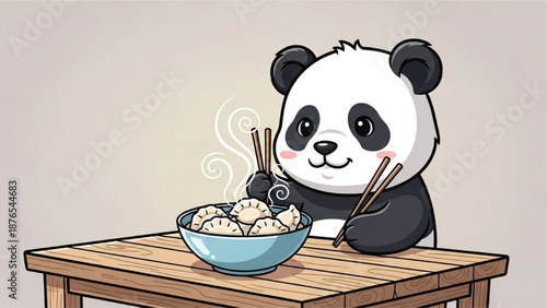 Cute panda eating hot delicious dumplings