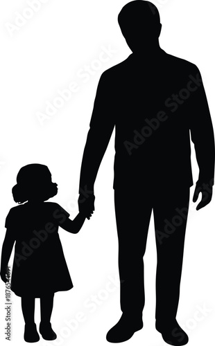 Father and daughter silhouette standing together, parent holding child hand, family love and protection concept, caring relationship, black isolated human vector illustration