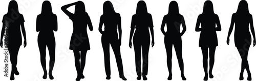 Female silhouettes standing collection, women casual poses and body shapes, front view human figures, everyday lifestyle characters, black isolated vector illustration set