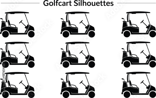 Golf cart silhouettes collection, electric golf buggy icons, golf course transportation vehicles, recreational mobility carts, black isolated vector illustration set