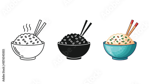 Set of three rice bowls with chopsticks outline, silhouette and colored illustration of steamed rice dish