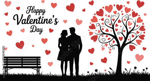 Happy Valentine’s Day romantic illustration, loving couple silhouette under heart tree, love message background, romantic holiday greeting, relationship celebration vector design