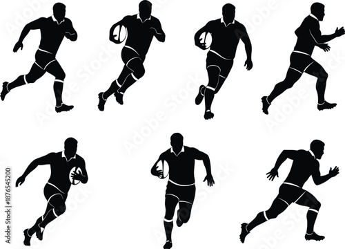 Rugby player silhouettes running, holding ball, sport action poses, athletic movement, sprint