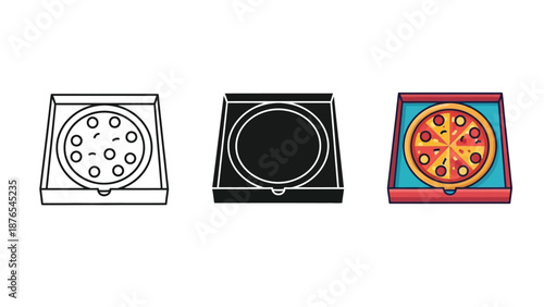 Set of pizza box icons outline, solid black and color illustration of pizza in box