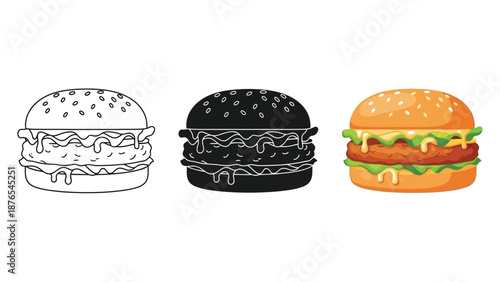 Set of three hamburger icons outline, silhouette and full color illustration
