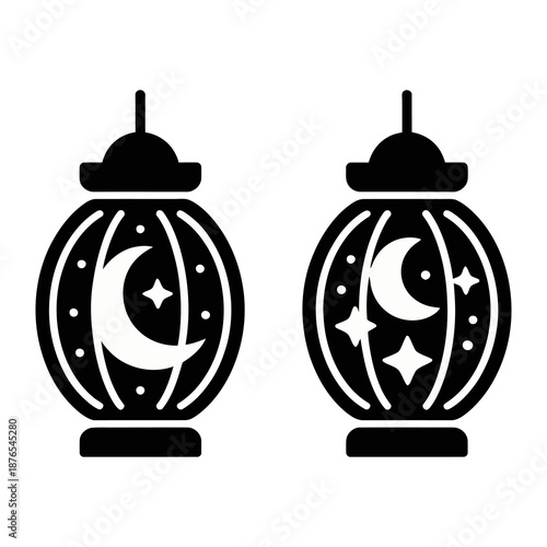 Ramadan Lanterns' Night Sky: Two elegant lanterns display the crescent moon and stars, embodying the spirit of Ramadan in a serene night sky.