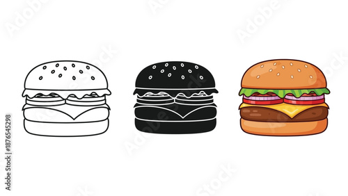 Set of three hamburger icons outline, silhouette and colorful illustration of a cheeseburger with lettuce, tomato, and onion