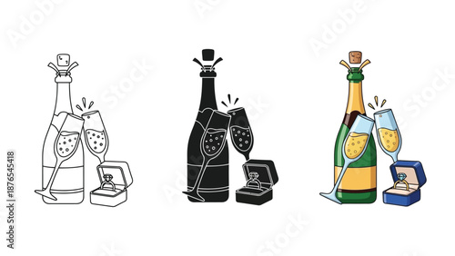 Champagne bottle, two flutes with sparkling wine, and an open ring box with a diamond ring, set of icons for engagement and celebration