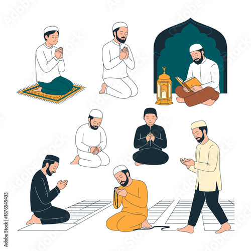 Spiritual devotion of male during religious practices: Depicts a serene display of prayer and devotion, showcasing diverse men engaging in different aspects of their faith.