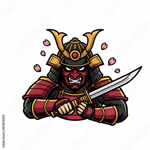 Fierce Traditional Japanese Samurai Warrior Icon with Katana and Cherry Blossoms