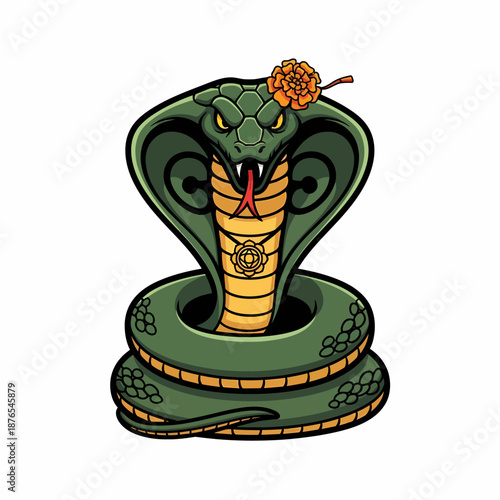 Majestic Green Cobra Illustration with Decorative Flower and Ornate Medallion