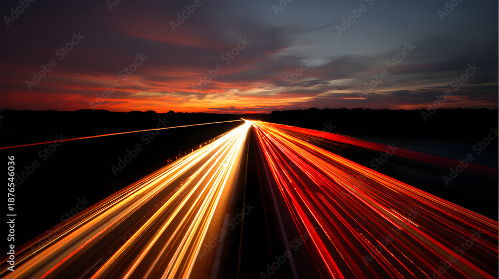 Obraz premium headlight. A long exposure shot of a nighttime road, glowing with streaks of light from passing cars under a dramatic sky. mobility guides.