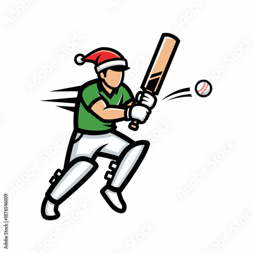 Festive Cricket Player in Santa Hat Swinging Bat - Dynamic Holiday Sports Icon