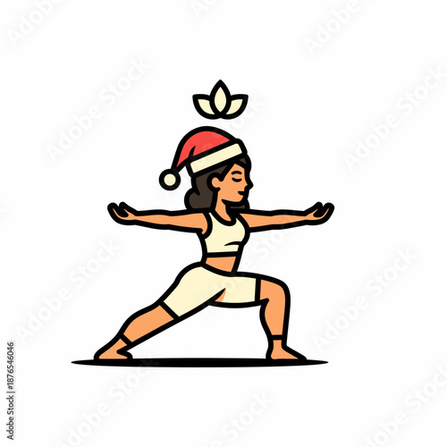 Woman in Warrior Pose Wearing a Santa Hat for Christmas Yoga