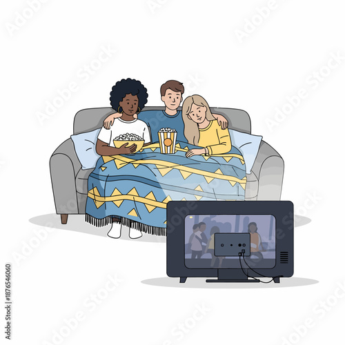 People relaxing on couch watching movie with popcorn