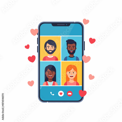 Diverse Group Engages in a Virtual Video Call on a Smartphone, Sharing Social Connection