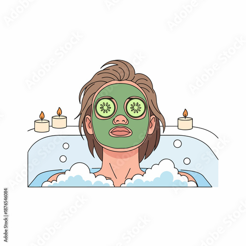 Woman Enjoying a Relaxing Self-Care Bath with a Green Face Mask and Cucumber Eye Pads