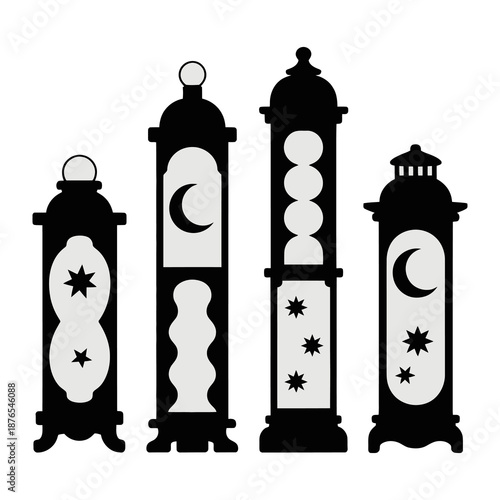 Lanterns of Serenity: Four elegantly designed lanterns, each adorned with celestial symbols, illuminate a sense of tranquility. The play of light and shadow.