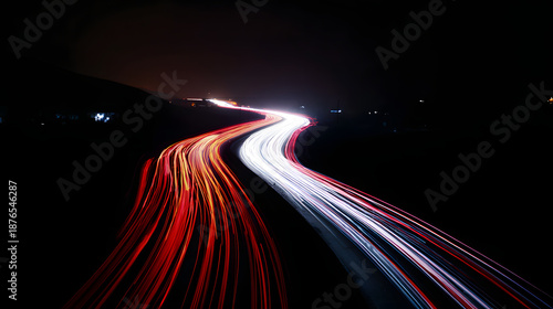headlight. A long exposure shot of a nighttime road, glowing with streaks of light from passing cars under a dramatic sky. mobility guides.