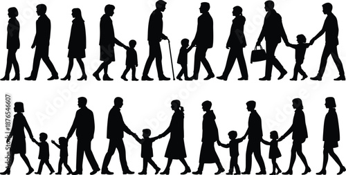 People silhouettes walking collection, men women and children family figures, different ages generations, daily life activity, black human silhouette vector set