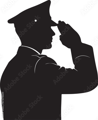 Silhouette of a soldier in uniform saluting against a white background honoring veterans and representing military service and patriotism