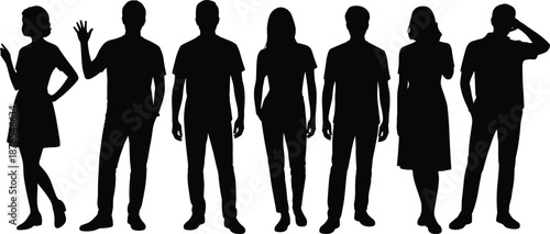 People standing silhouettes collection, men and women casual poses, human figures front view, everyday lifestyle characters, black isolated vector illustration set