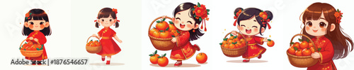 Vector of a girl carrying a basket full of mandarin oranges. Chinese New Year. Vector, minimalist, illustration, icon set.