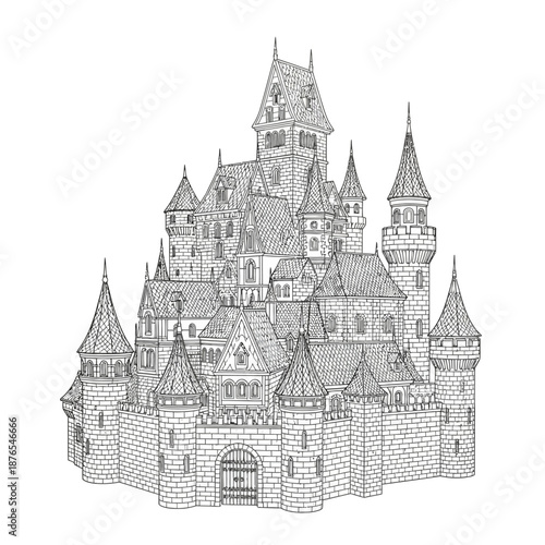Intricate Fantasy Castle Illustration with Towers and Walls