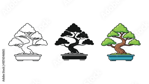 Set of three bonsai tree icons in different styles outline, silhouettenand color illustration
