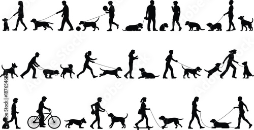 People walking dogs silhouettes collection, men women with pets, dog training, daily outdoor activity, human and animal interaction, black isolated vector set