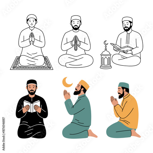 Islamic Prayer and Reverence: A collection of illustrations depicting devout individuals engaged in various postures of Islamic prayer and reflection.
