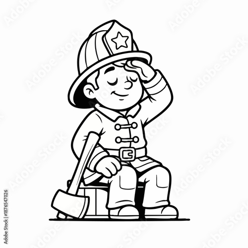 Cute Young Firefighter Sitting with Axe Line Art Illustration
