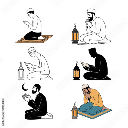 Praying Figures: A series of illustrations of individuals engaged in prayer, each depicting a moment of devotion and reflection in various settings.