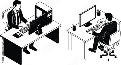 Two businessmen working on computers silhouette on transparent background