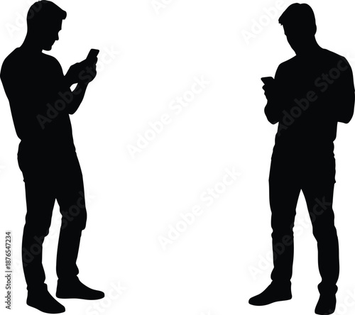 Two men standing and using their phones silhouette on transparent background