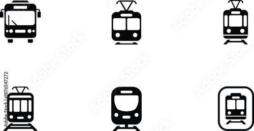 Public transport train and tram front view silhouettes collection, modern metro subway rail icons, urban city transportation symbols, black isolated vector set