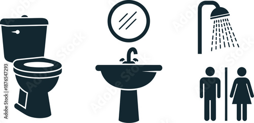 Bathroom icons including toilet sink shower and people on transparent background silhouette