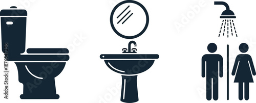 Bathroom icons including toilet sink and shower on transparent background silhouette