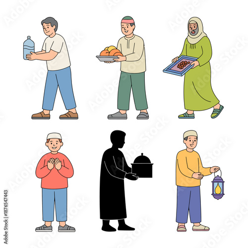 Islamic Tradition: A collection of illustrations depicting individuals engaging in Islamic traditions, highlighting elements of generosity and cultural practices.
