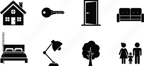 Black and white home and furniture icons silhouette on transparent background