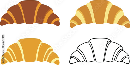 Croissants in different colors and styles on transparent background silhouette
