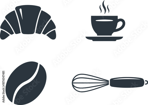 Bakery icons including croissant coffee coffee bean and whisk on transparent background silhouette