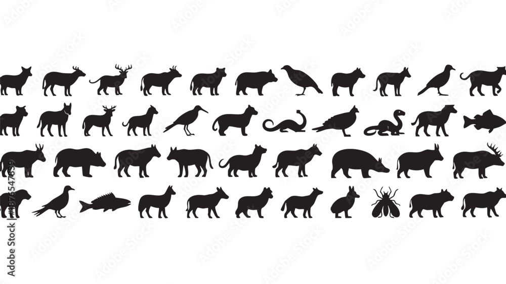 Fototapeta premium Silhouette Collection of Various Animals and Creatures on Transparent Background