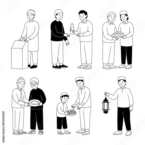 Harmony of Sharing and Giving: Illustrative scene showcasing several figures, offering items to each other, highlighting moments of generosity, unity, and communal spirit. 