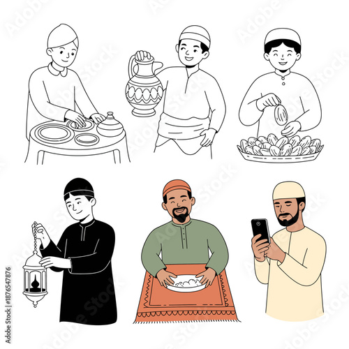 Ramadan Moments: Six illustrations depicting various aspects of Ramadan, a time of reflection, fasting, and communal gatherings. It showcases scenes of preparing meals, sharing dates.