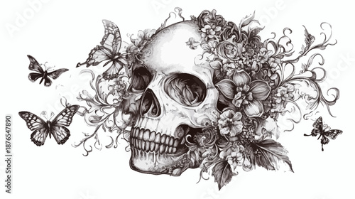 Intricate skull design adorned with flowers and butterflies