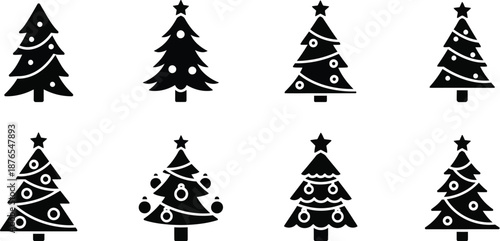 Christmas tree icons in silhouette style on transparent background