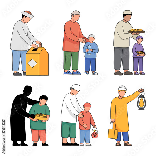 Islamic Illustration of Devotion and Charity: A series of vibrant illustrations depicting acts of kindness and generosity during a period of religious significance.